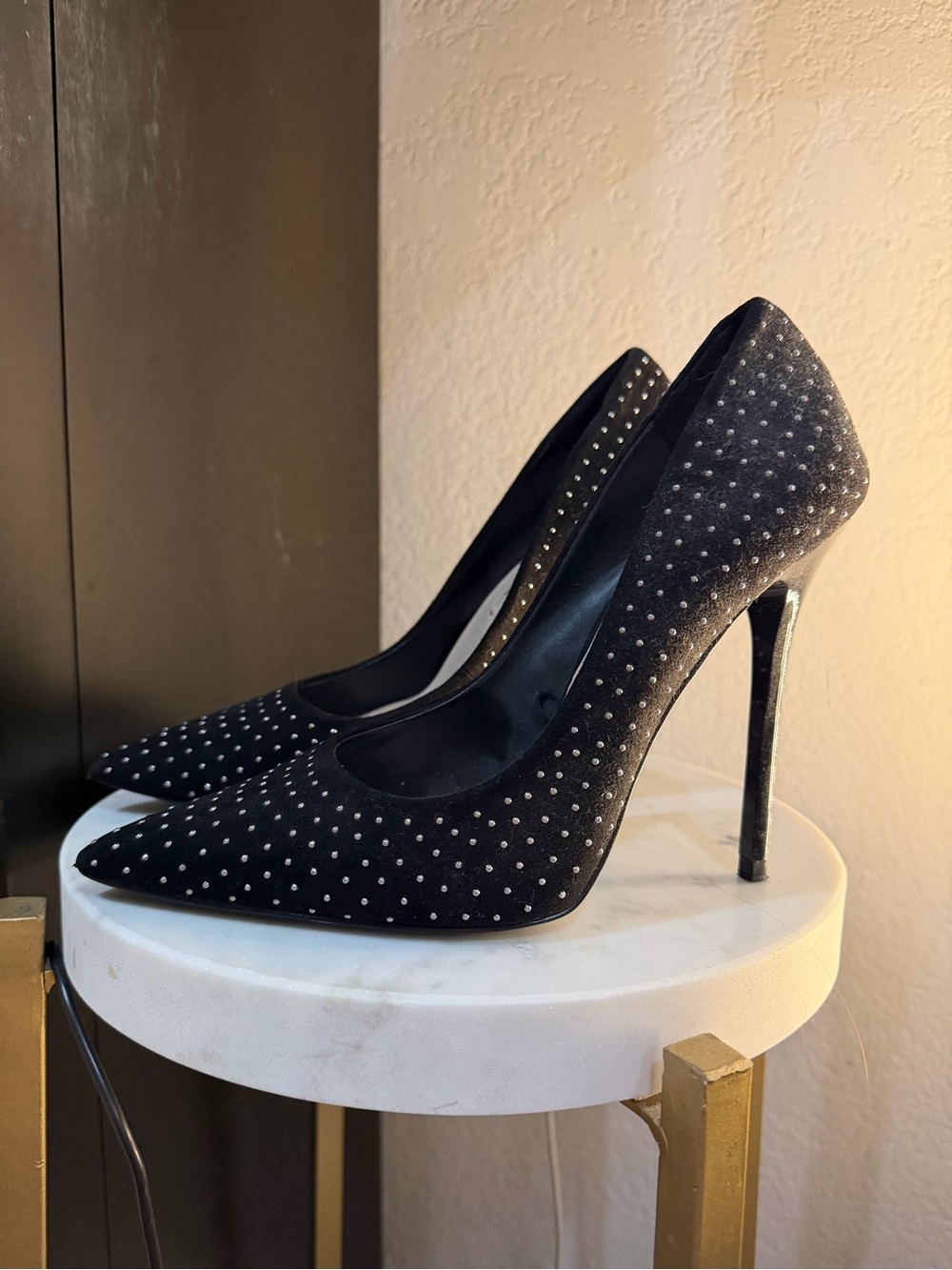 Zara Black Crystal-Studded Pointed Toe Stiletto Pumps